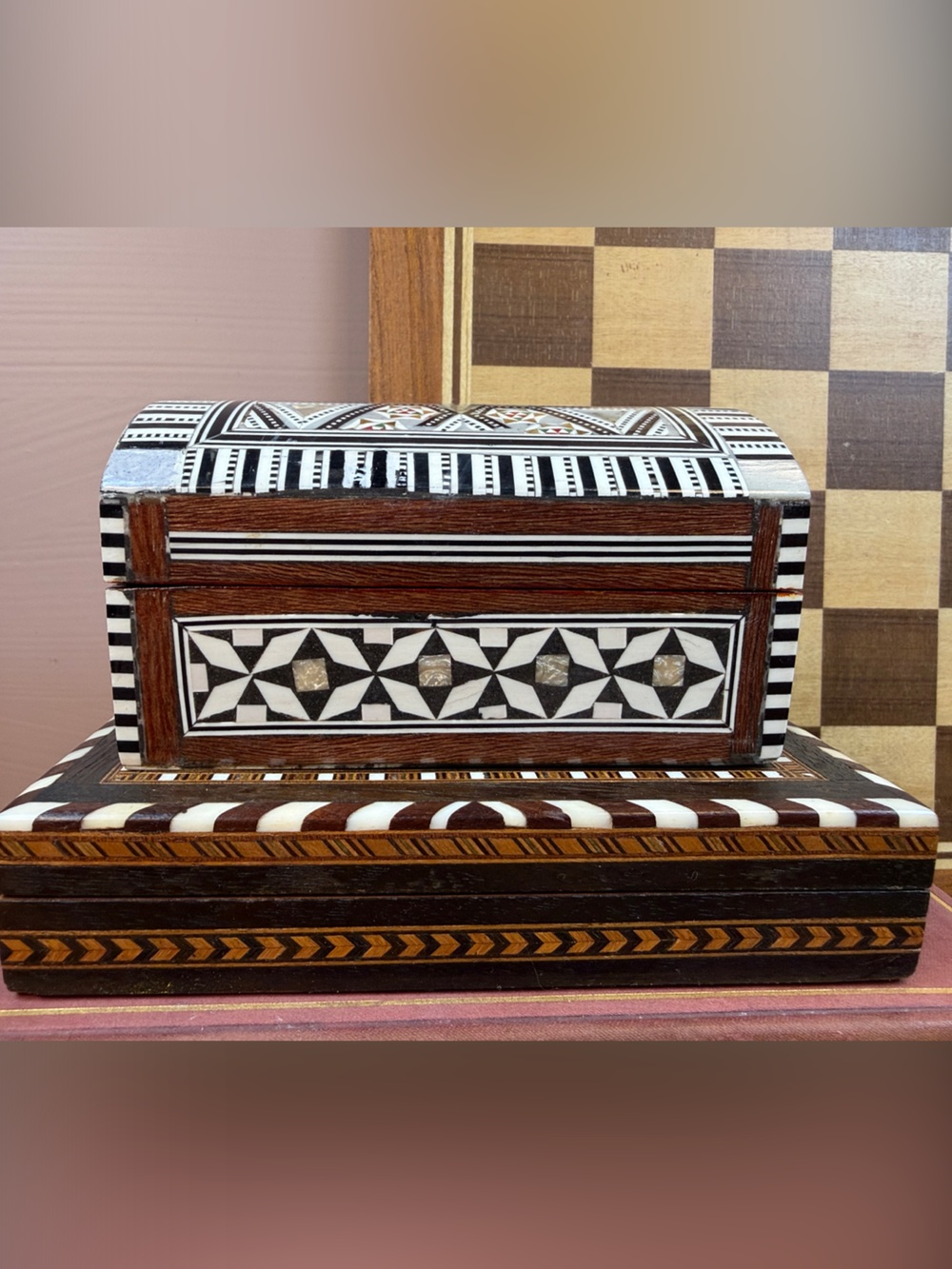 Inlaid Decorative Wooden Trinket Box - Brown & White Geometric Design-Set of 2